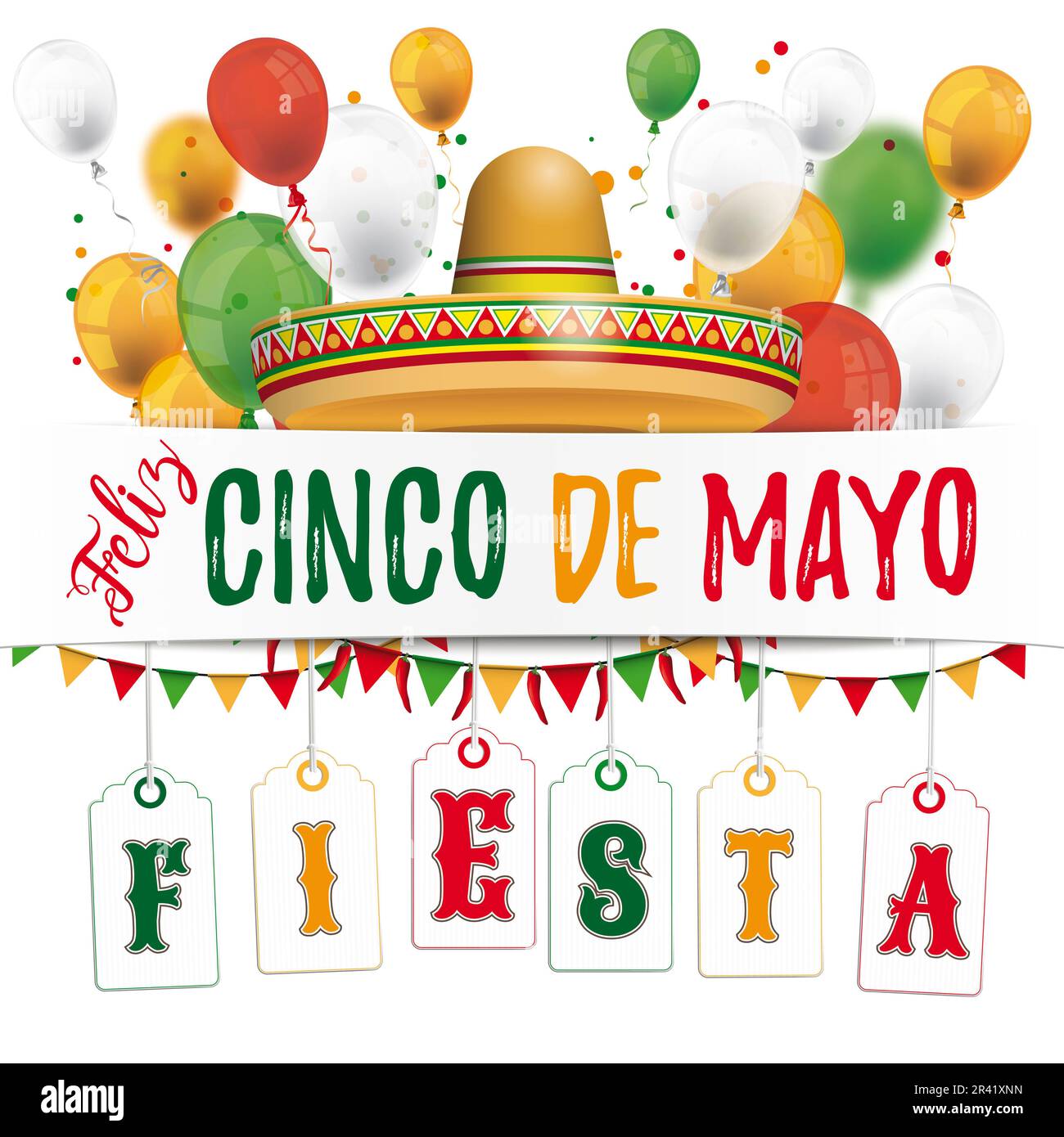 Paper Banner Cinco de Mayo Buntings Fiesta Balloons Stock Photo