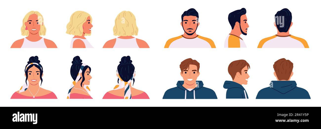 Hairstyle flat icons set with different views of male and female ...