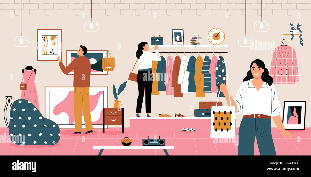 Second hand sunday market with people choosing retro clothes flat vector illustration Stock Vector