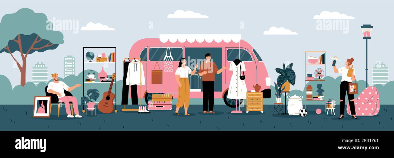 Second hand sunday market with retro clothes selling outdoors flat vector illustration Stock Vector