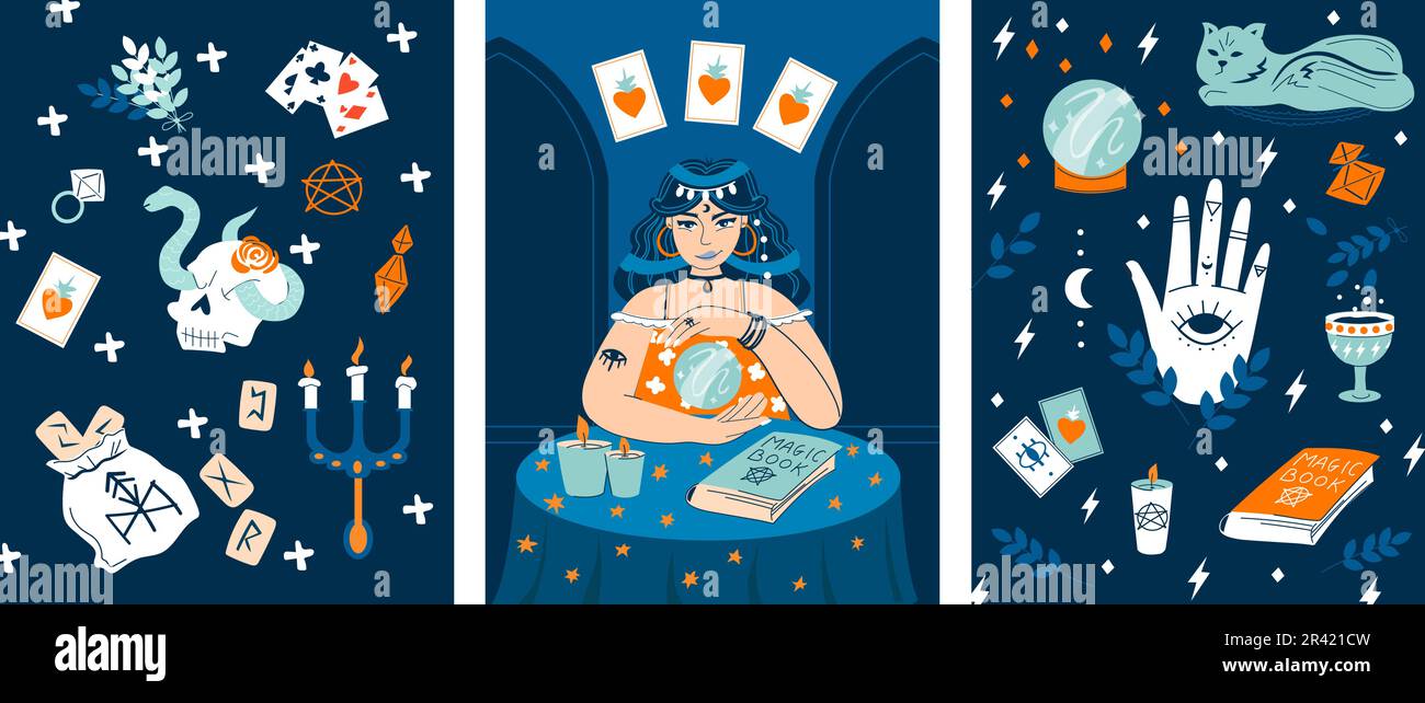 Fortune tellers flat cards with magic book runes crystal ball tarot ...
