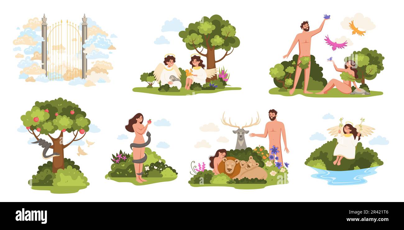 Paradise bible flat set with isolated compositions of adam and eve scenes with angels and trees vector illustration Stock Vector