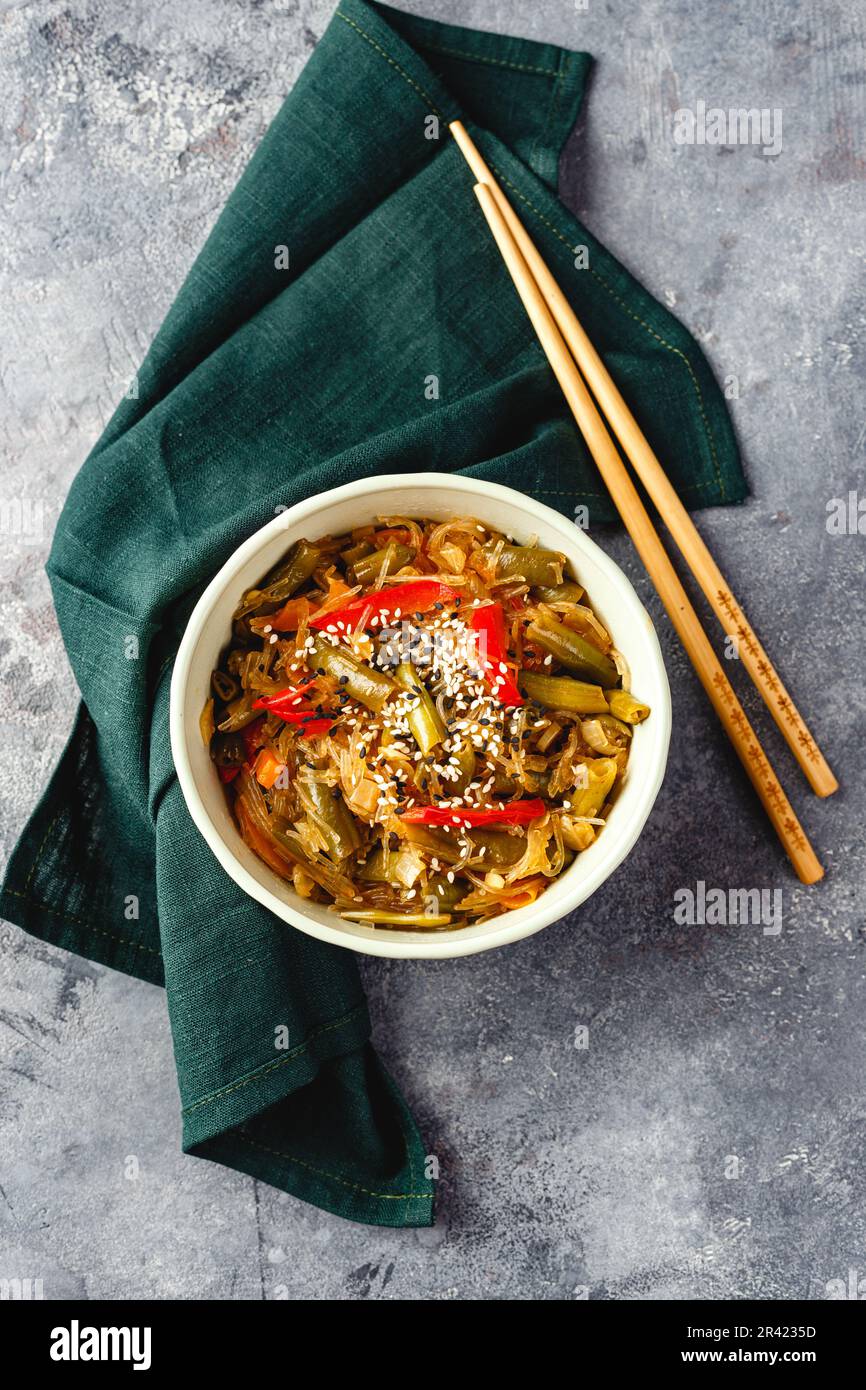 Noodles and green beans. Stock Photo