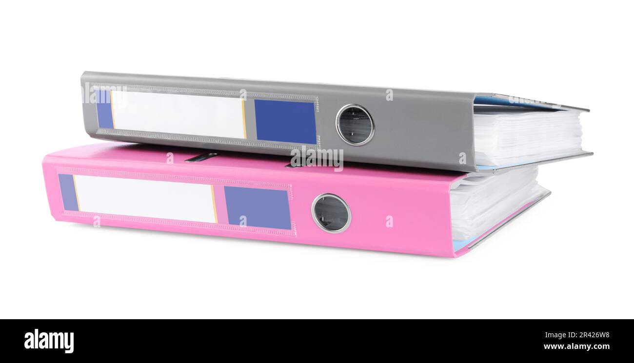 Pink and grey office folders isolated on white Stock Photo - Alamy