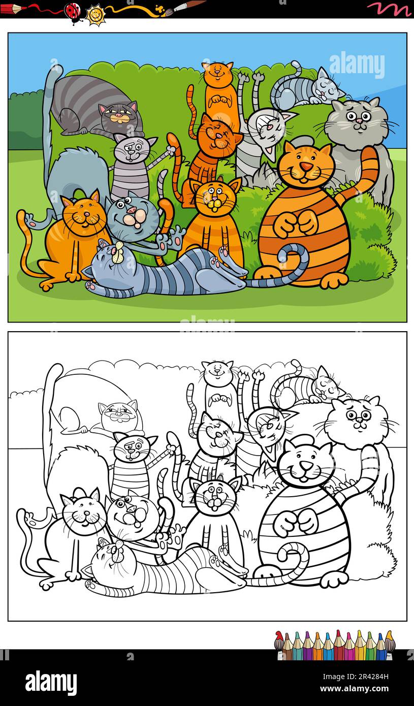 Cartoon cats and kittens characters group coloring page Stock Photo - Alamy