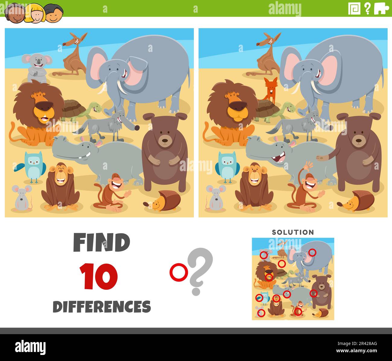 Differences game with cartoon animal characters group Stock Photo - Alamy