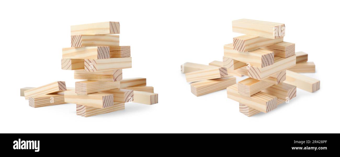 Jenga tower on white background, different angles Stock Photo