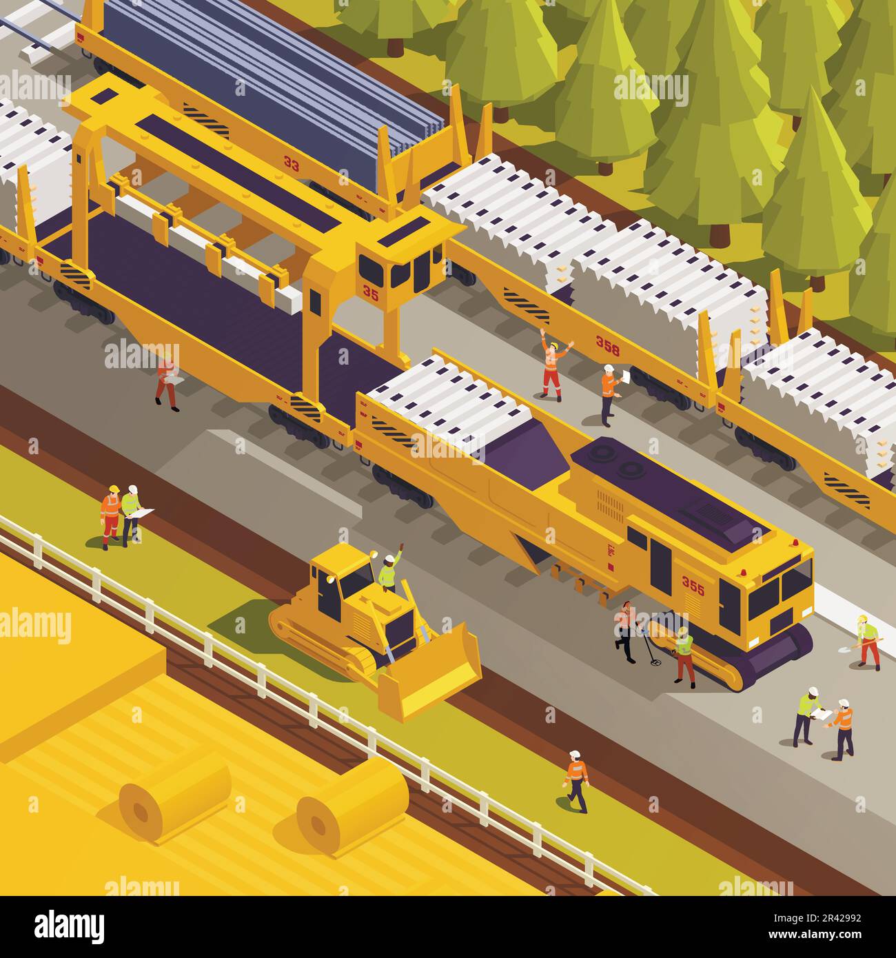 Railroad track laying process with workers and sleepers on tracklayer