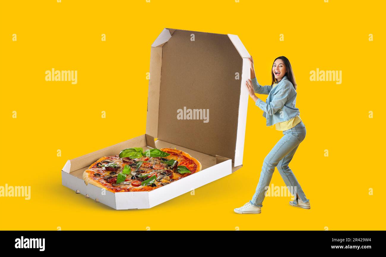 A person showing an open pizza box isolated over white back ground Stock  Photo - Alamy