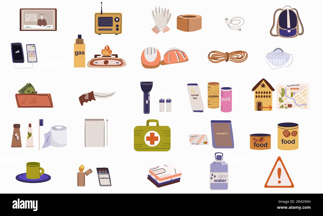 Disaster prevention flat set with isolated icons of medical supplies aid with household and warning signs vector illustration Stock Vector