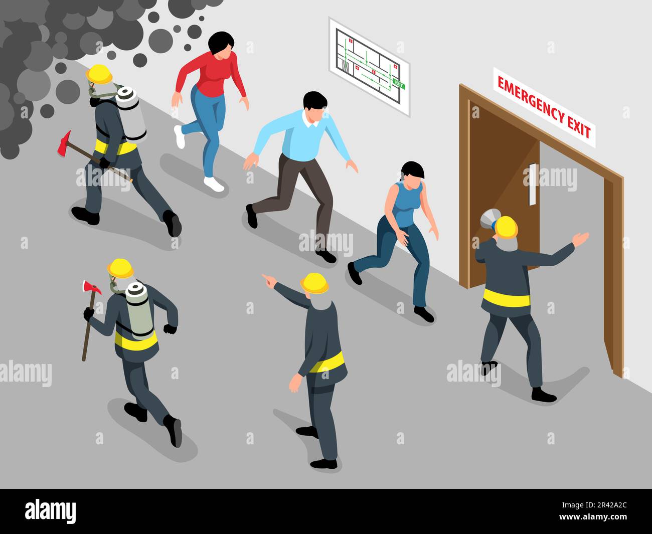 Isometric evacuation alarm concept with fire fighters vector
