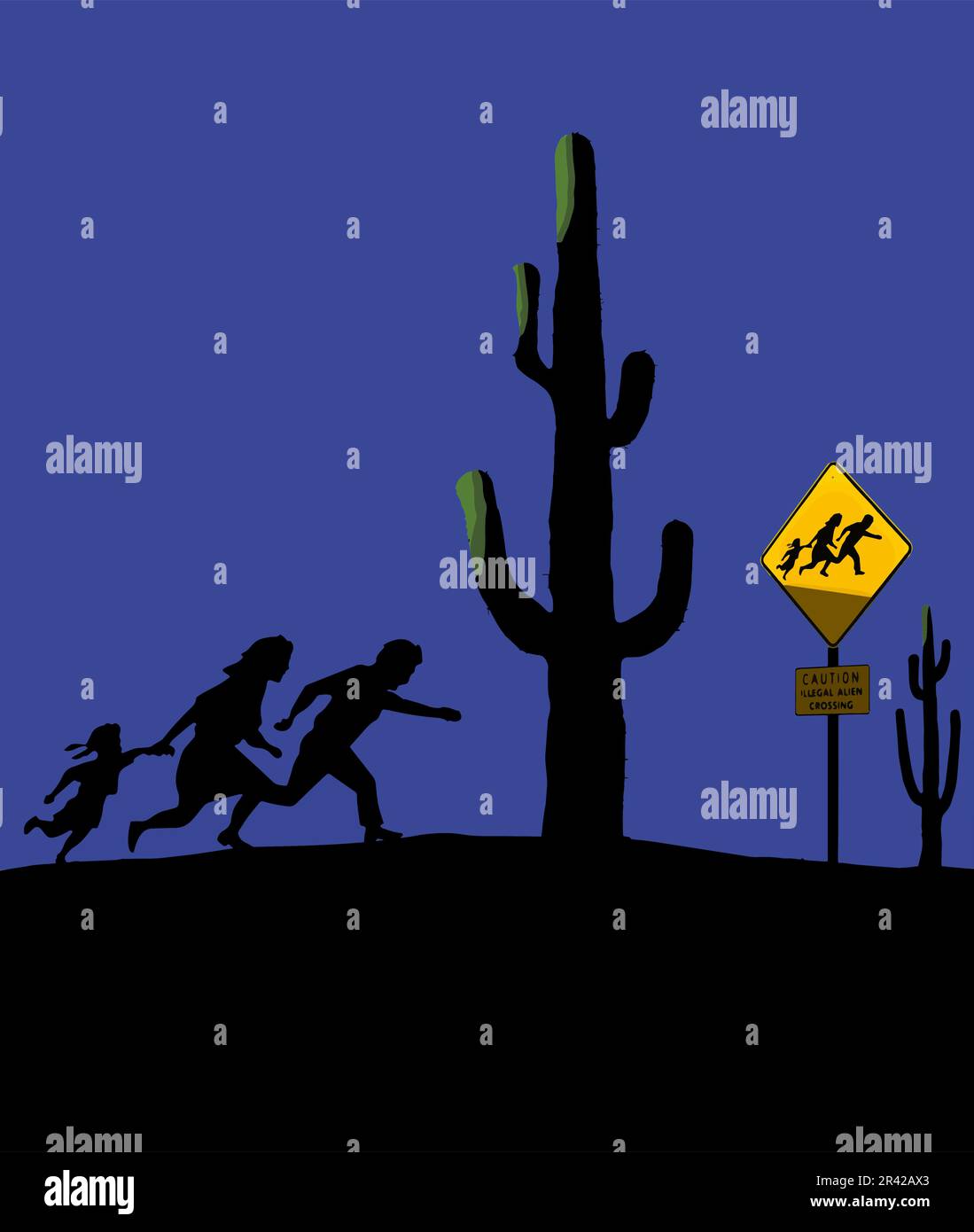 A mother, father and daughter run in the desert at night. This is the same family that appears on alien crossing signs near the USA Mexico border. Stock Vector