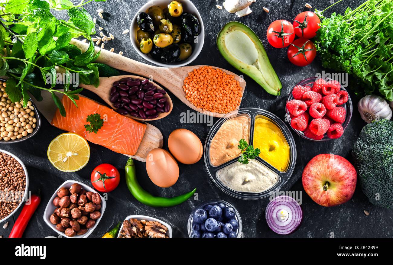 Ingredients of healthy diet that maintains or improves overall health status Stock Photo
