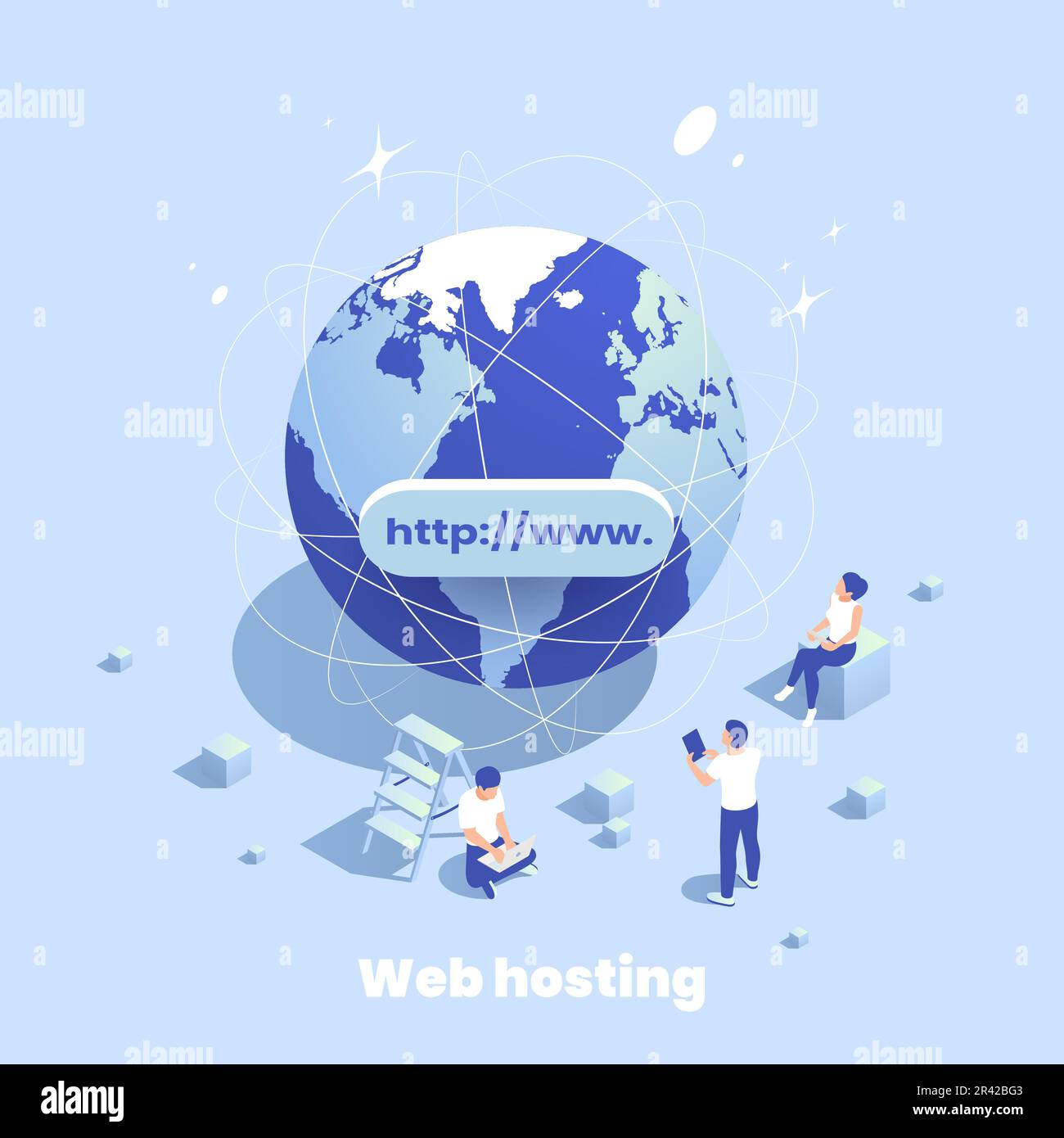 Web hosting icons isometric composition of editable text and image of earth globe with human characters vector illustration Stock Vector