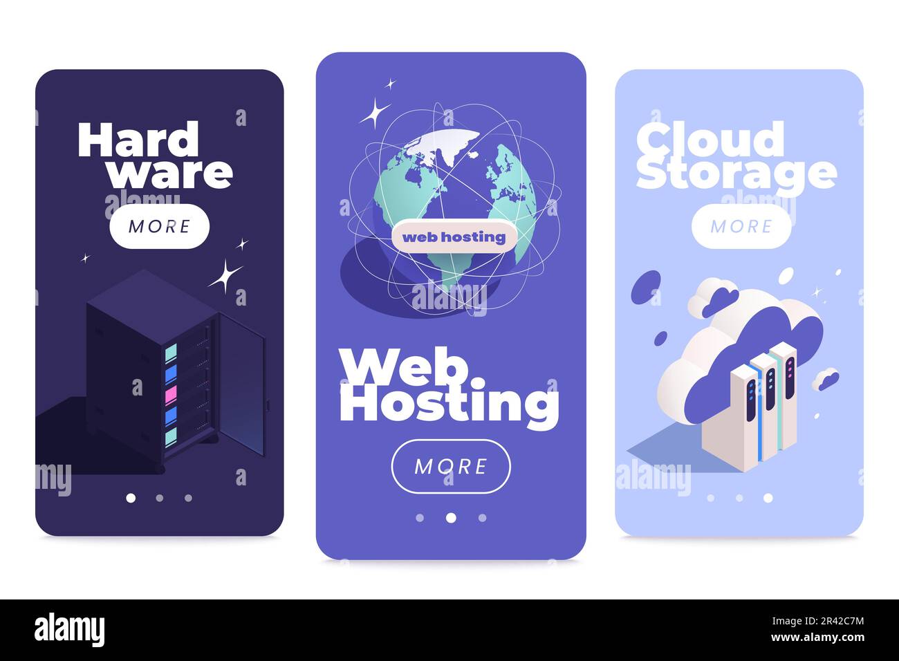 Set of three vertical web hosting mobile app banners with isometric icons of network infrastructure elements vector illustration Stock Vector