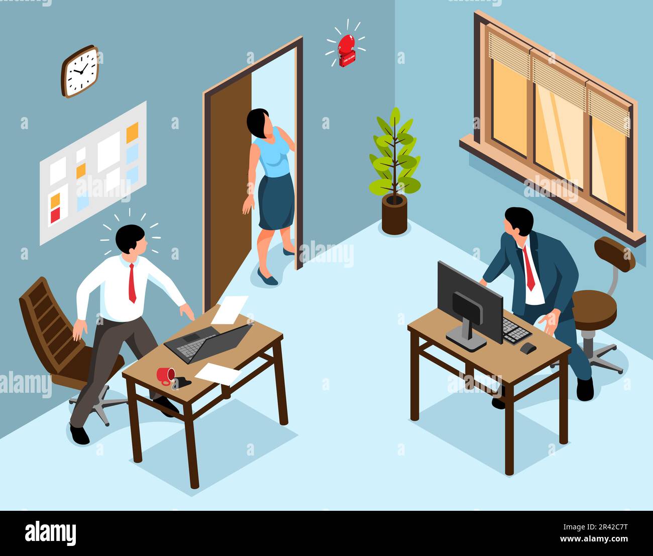 Isometric evacuation concept with office workers listen to fire alarm vector illustration Stock Vector