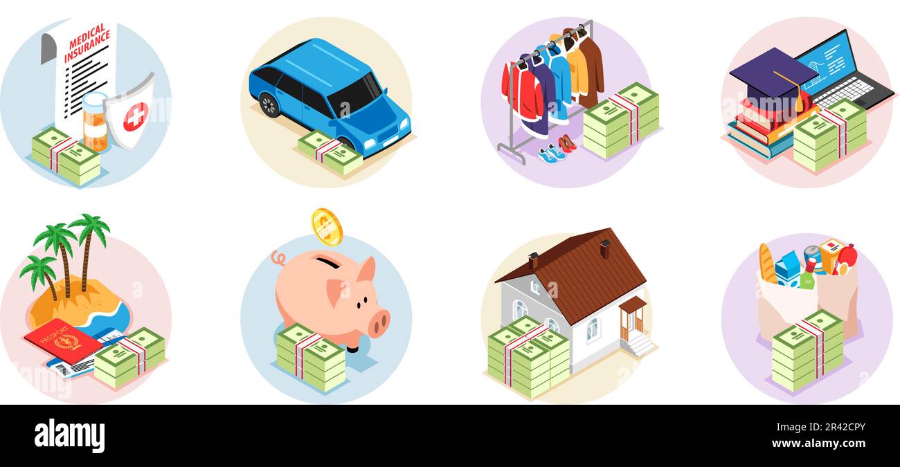 Isometric family budget compositions set with money stacks spending on different items isolated vector illustration Stock Vector