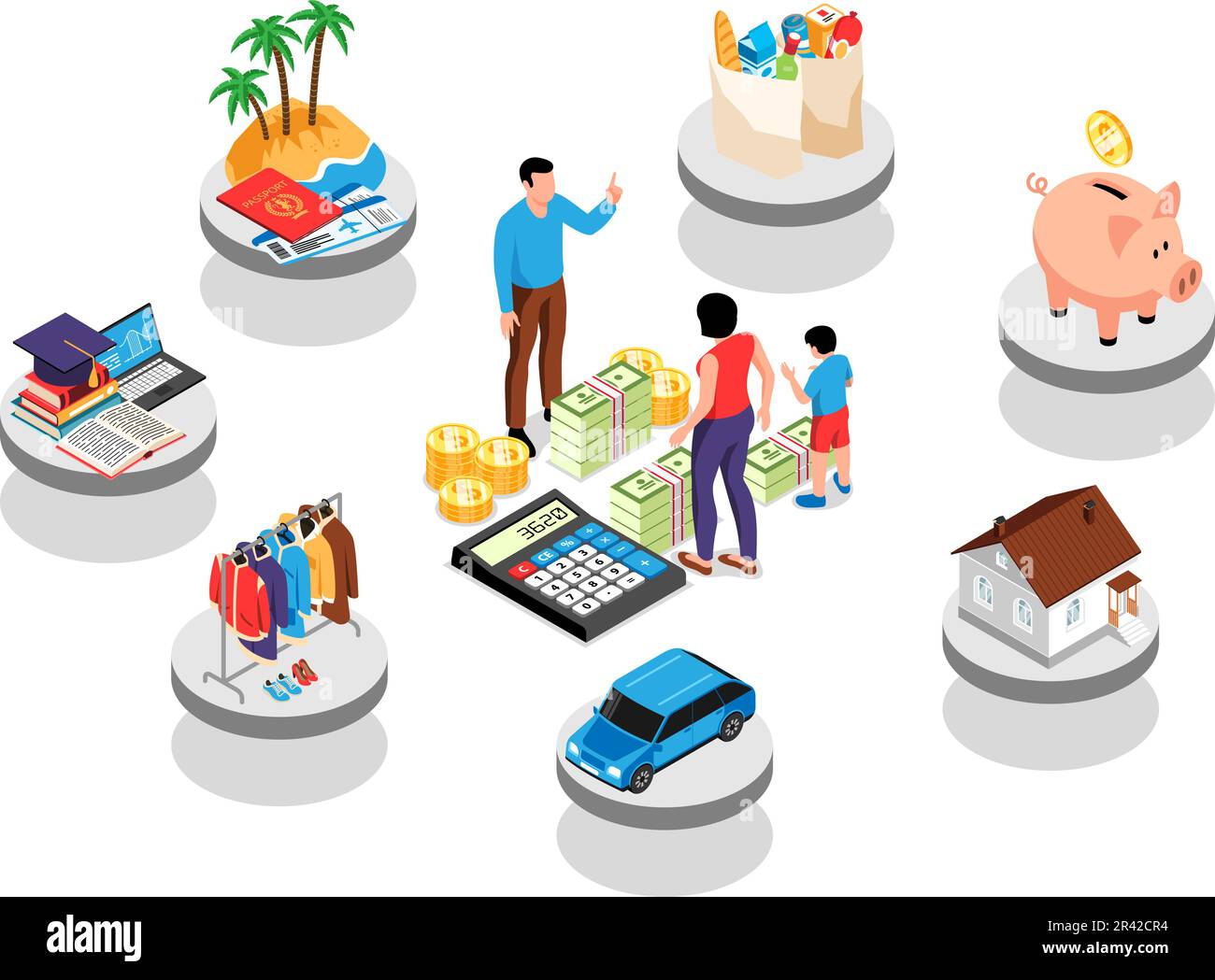 Isometric family budget composition with people counting money vector illustration Stock Vector