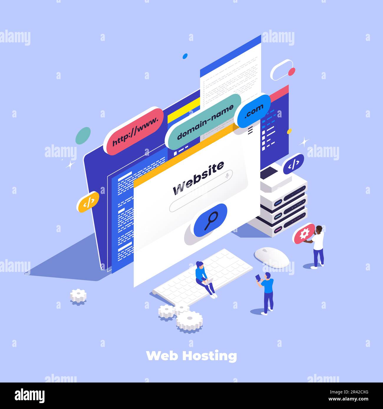 Web hosting isometric composition with icons of website windows and ...