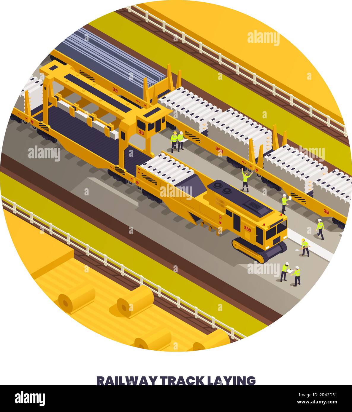 Round composition with railroad track laying construction vehicles railway equipment machines isometric images and editable text vector illustration Stock Vector