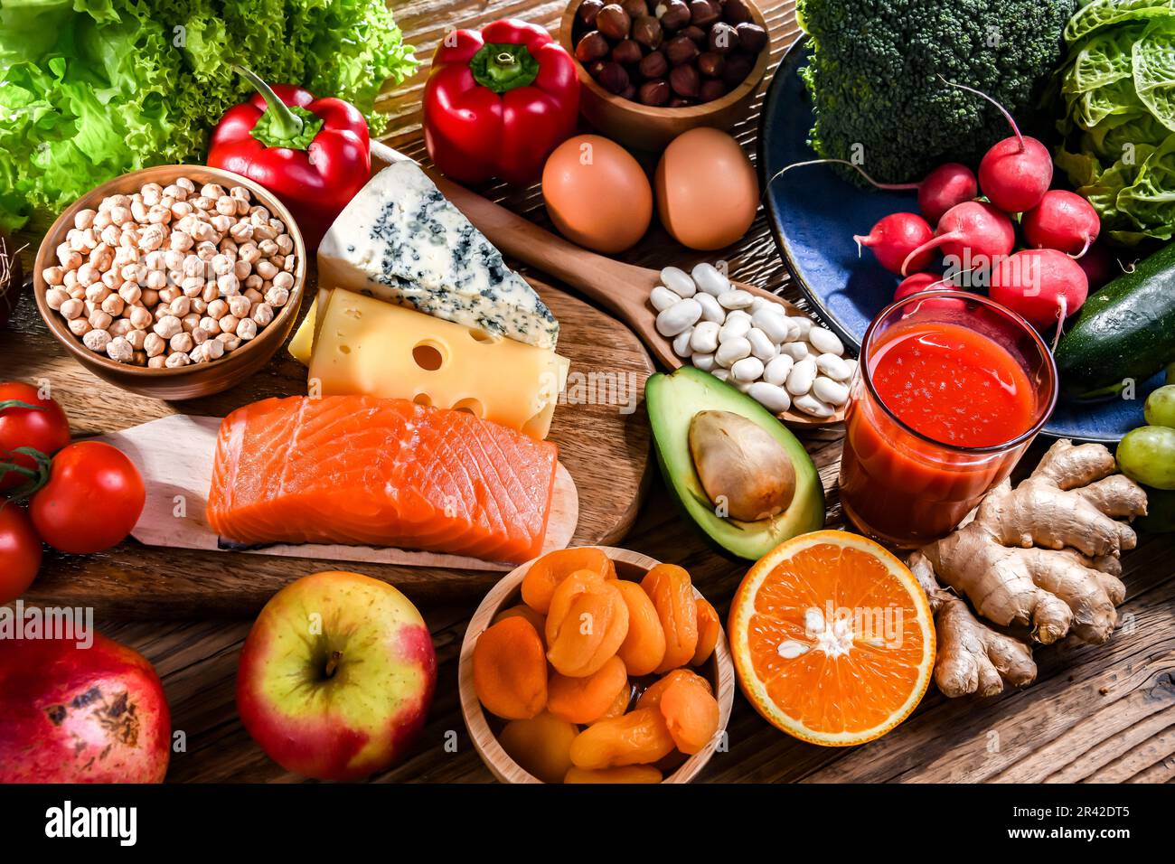 Food products representing the nutritarian diet which may improve overall health status Stock Photo