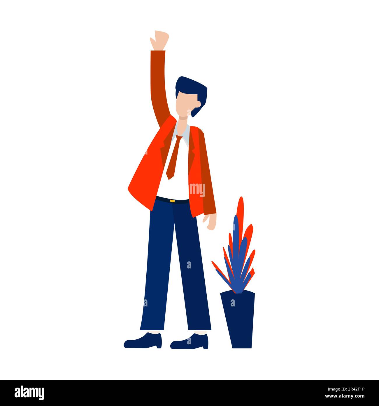 Young businessman on suite standing with raised hand. Vector illustration in flat style for business design concept. Stock Vector