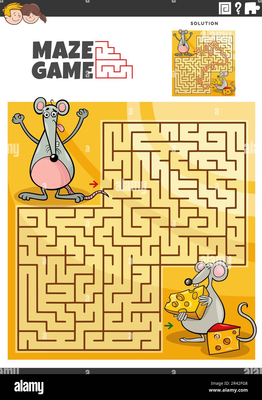 Maze game activity with cartoon mice characters with cheese Stock Photo