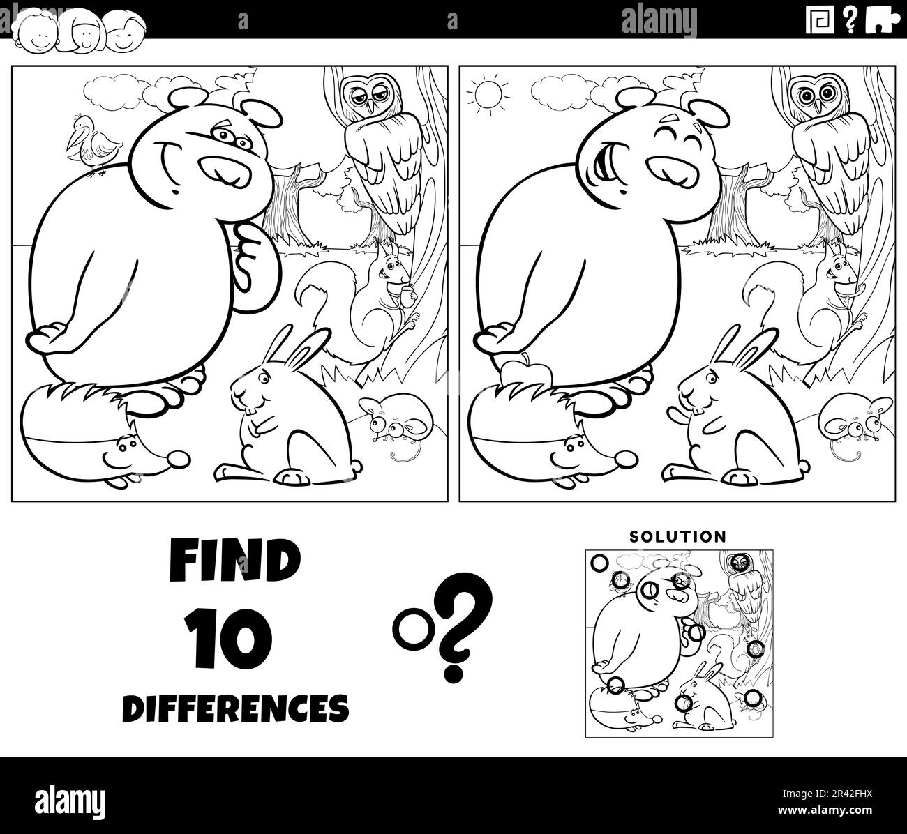 Differences game with cartoon animals coloring page Stock Photo