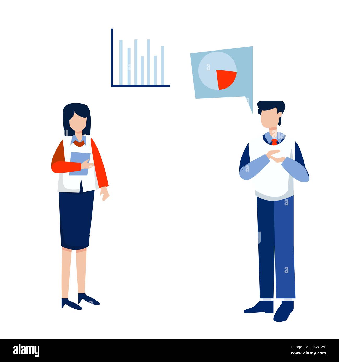 Business man and woman talking about statistics. Vector illustration in ...
