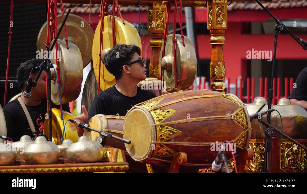 Niyaga is a traditional musical instrument player from Java Stock Photo
