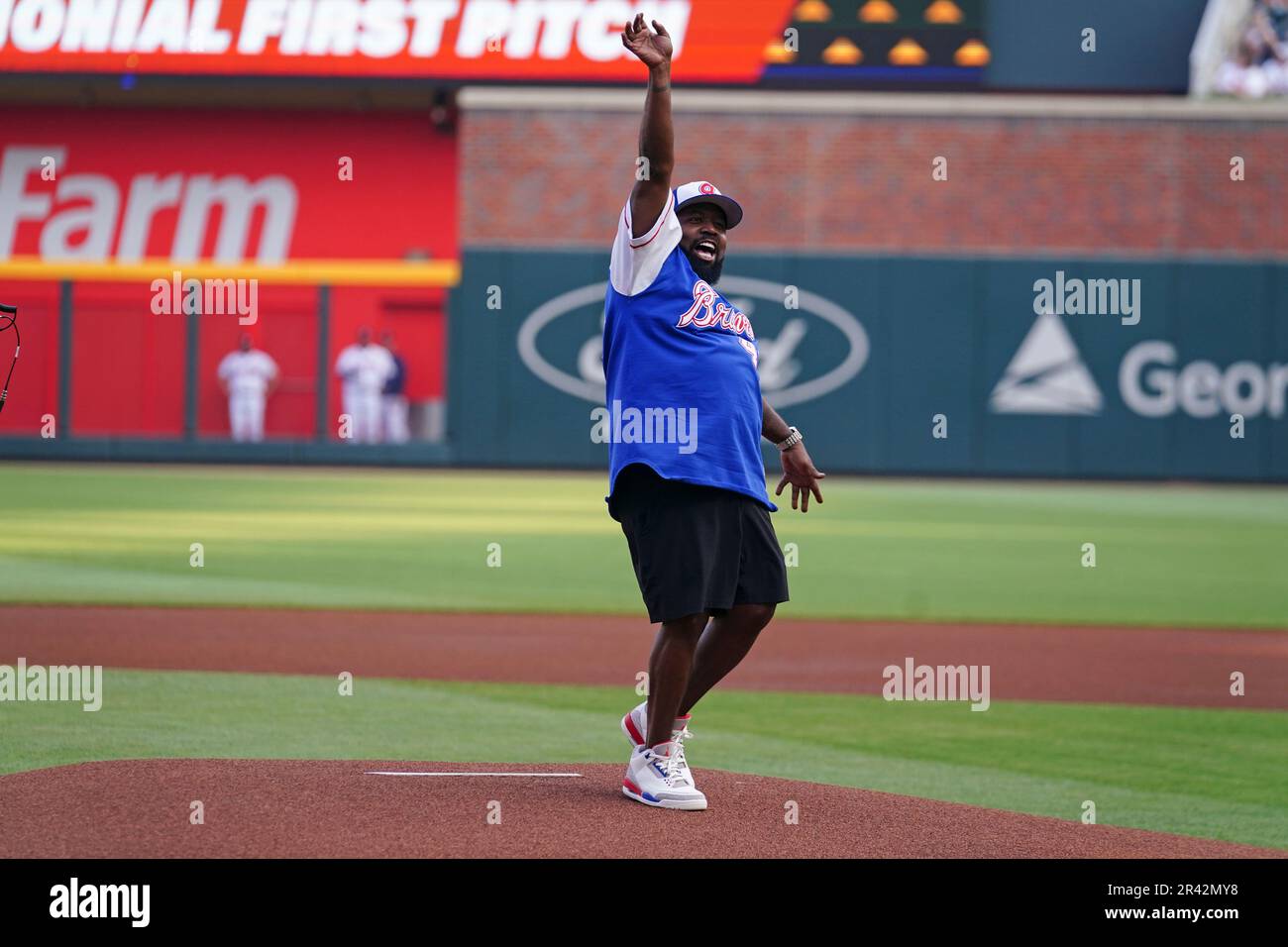 Recording artist Big Boi of Outkast throws out the ceremonial first pitch  before a baseball game between the Atlanta Braves and the Philadelphia  Phillies, Thursday, May 25, 2023, in Atlanta. (AP Photo/John