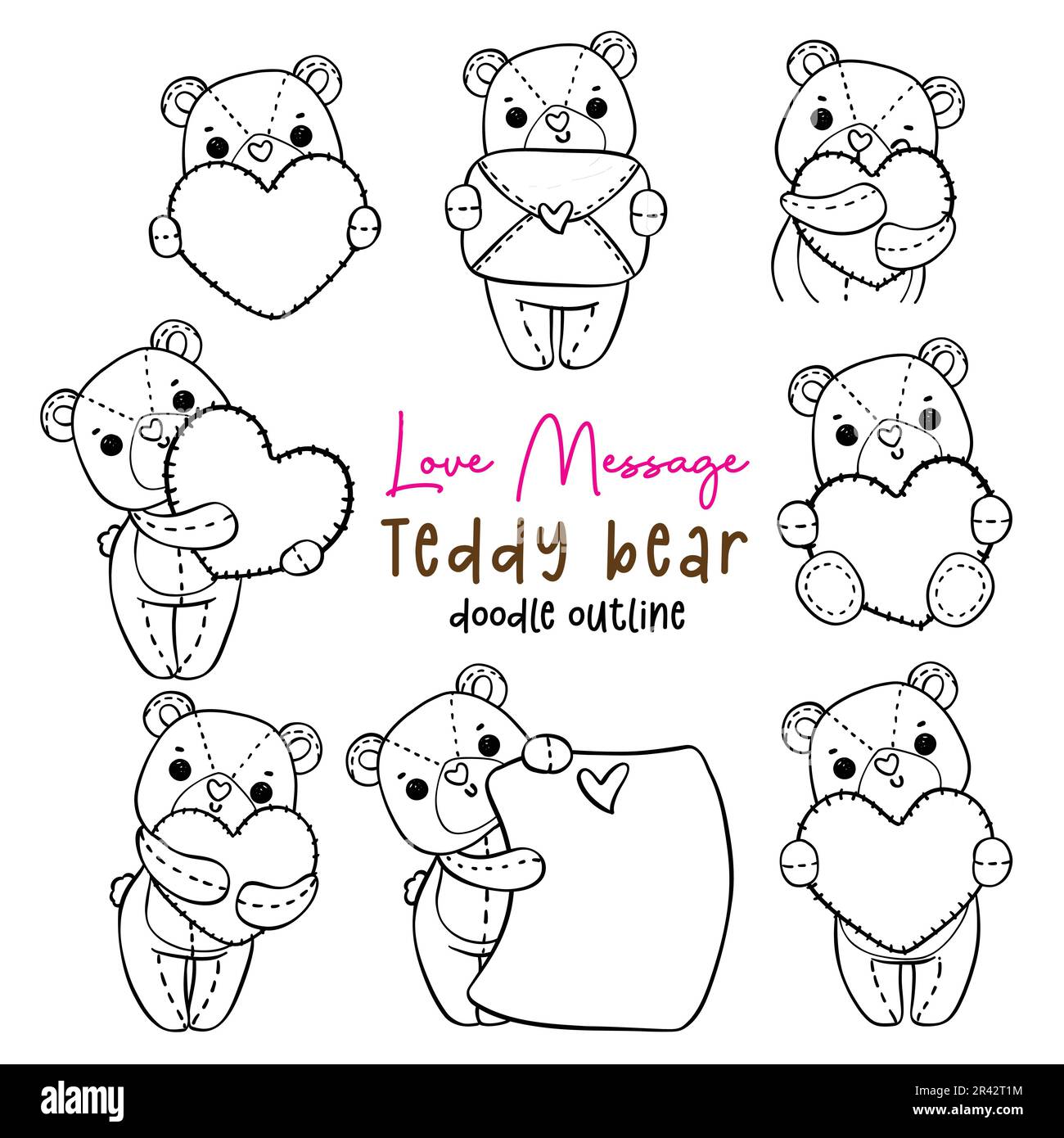 Cute romantic Valentine Teddy Bear with heart love message doodle hand drawing cartoon character outline for coloring page Stock Vector