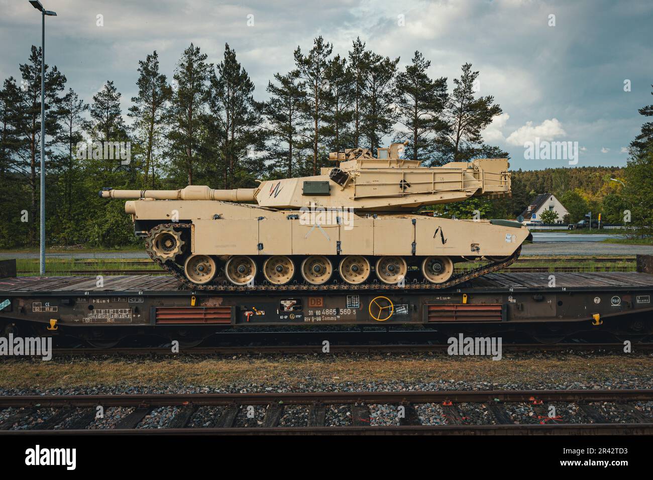 A U.S. M1A1 Abrams tank needed for training the Armed Forces of Ukraine awaits offloading at Grafenwoehr, Germany, May 14, 2023. The M1A1 training is expected to last several weeks and will include live fire, crew qualification, maneuver, and maintainer training. Armed Forces of Ukraine training is conducted by 7th Army Training Command at Grafenwoehr and Hohenfels training areas in Germany on behalf of U.S. Army Europe and Africa. (U.S. Army photo by Spc. Christian Carrillo) Stock Photo