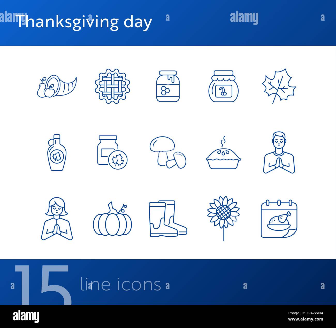 Thanksgiving day line icon set with praying people and calendar Stock ...