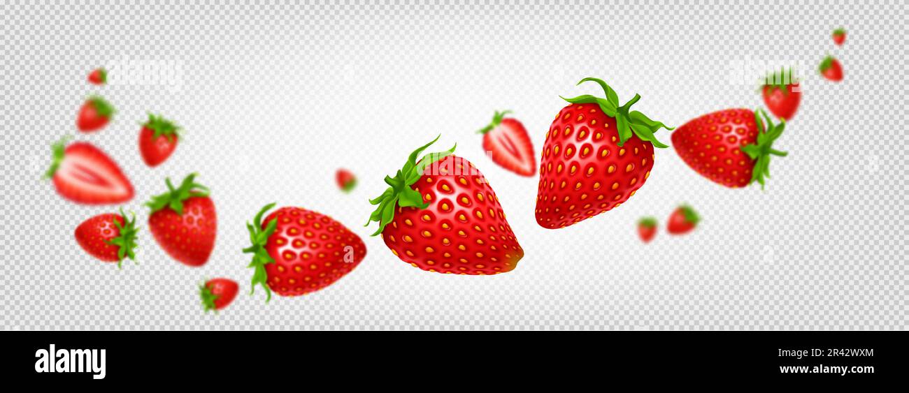 3d isolated vector strawberry fruit slice wave. Realistic red fresh ...