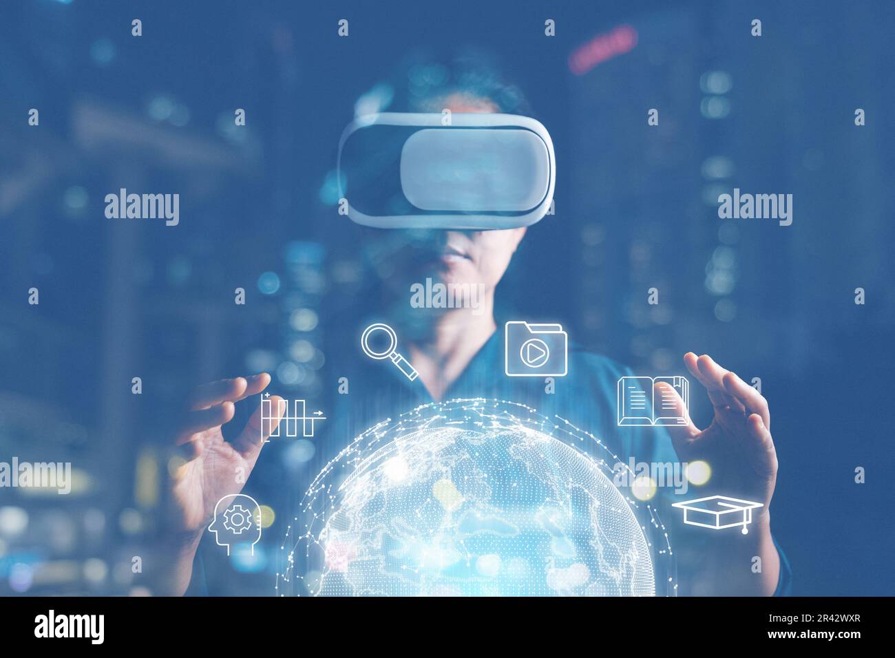 woman wearing VR glasses and accessing Cloud Computing Technology Internet Storage Network Concept And a large database big data Through internet tech Stock Photo