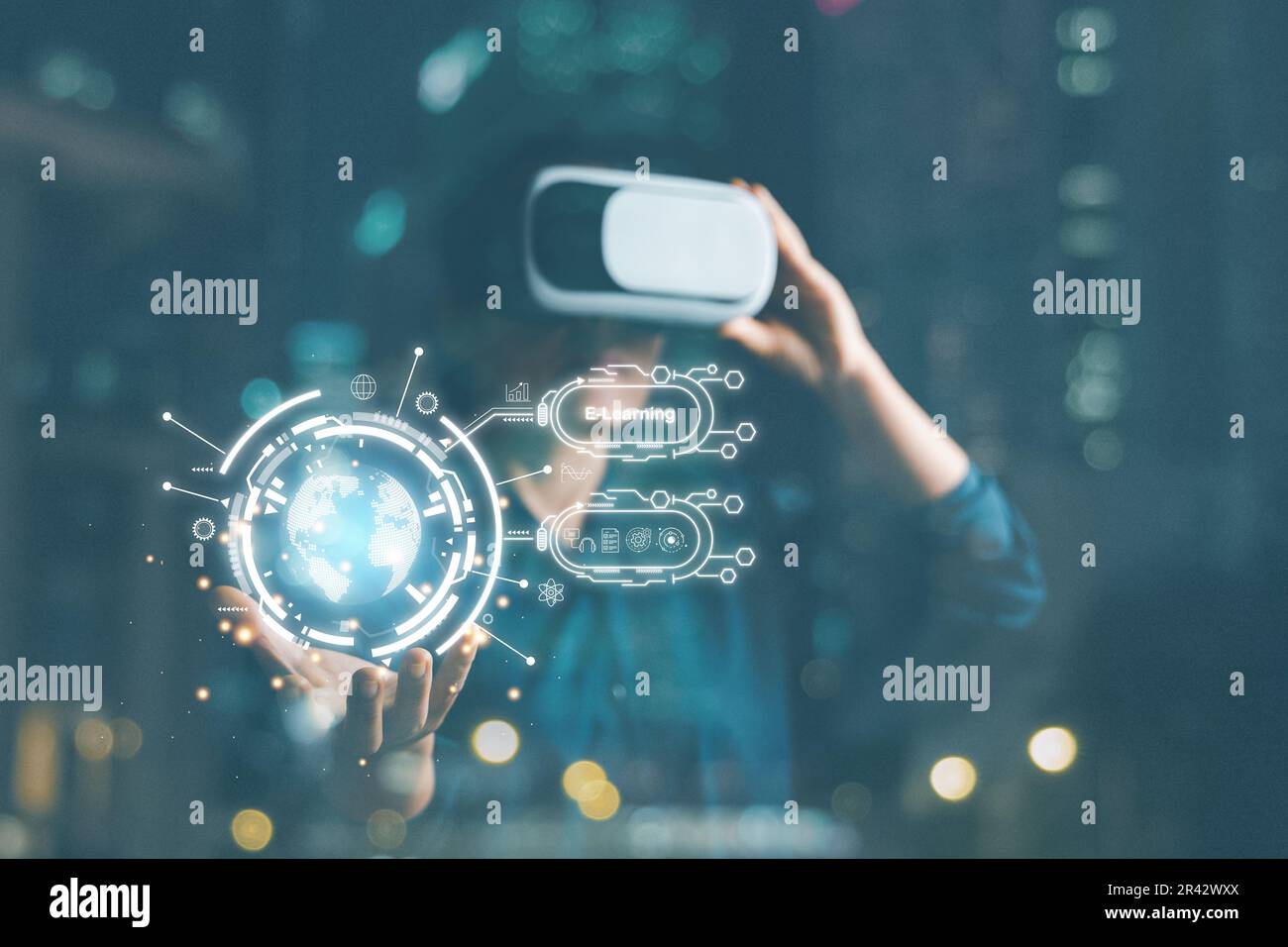 woman wearing VR glasses and accessing Cloud Computing Technology Internet Storage Network Concept And a large database big data Through internet tech Stock Photo