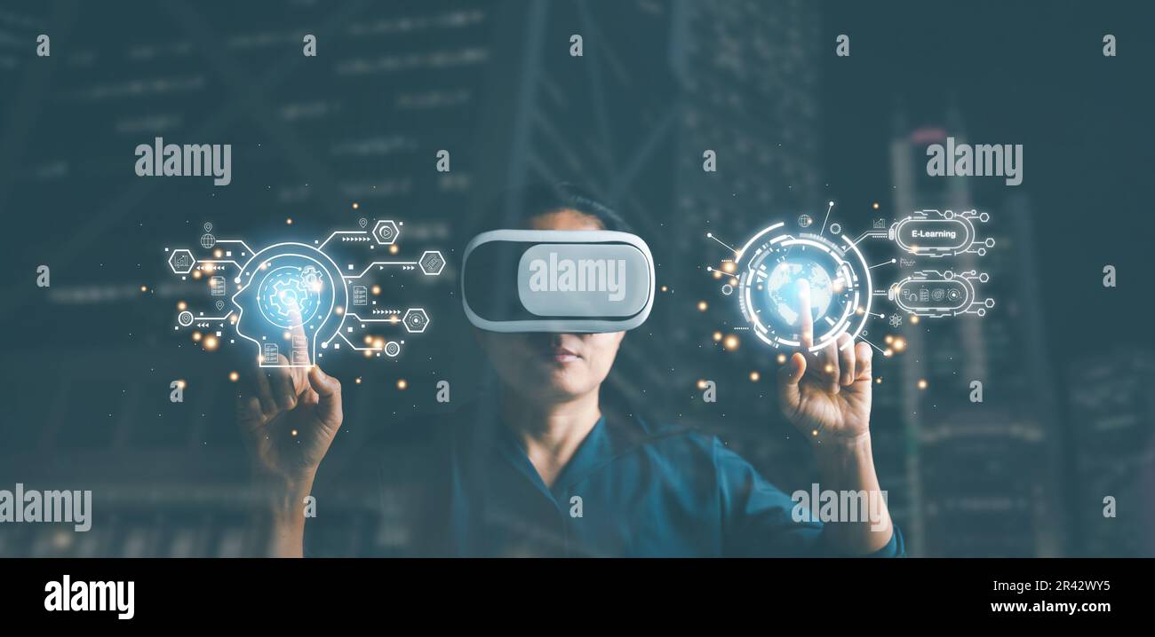 woman wearing VR glasses and accessing Cloud Computing Technology Internet Storage Network Concept And a large database big data Through internet tech Stock Photo