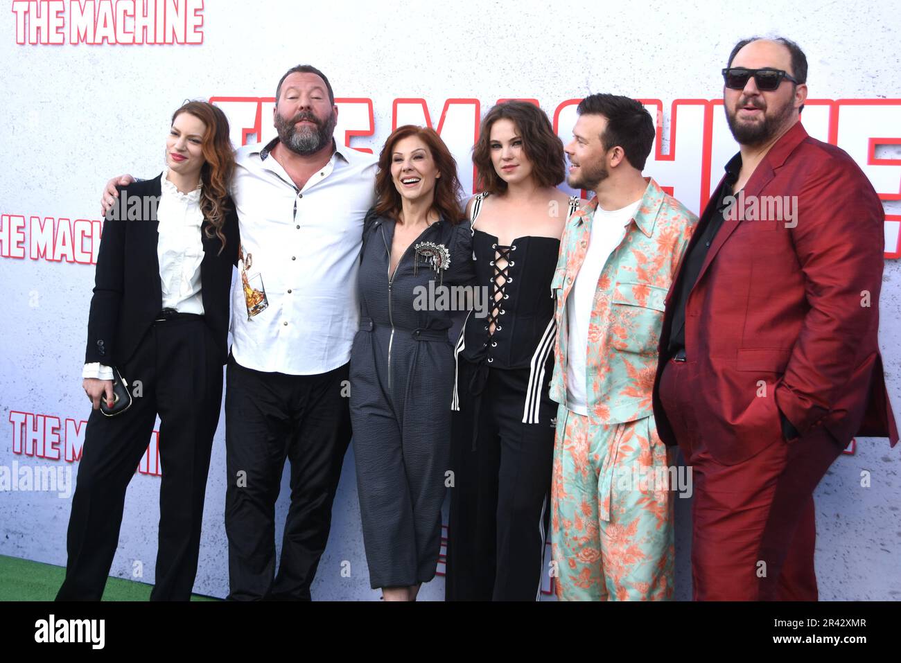 Los Angeles, California. 25th May 2023 (L-R) Actress Iva Babic, Comedian/Actor Bert Kreischer, Actress Stephanie Kurtzuba, Actress Jess Gabor, Actor/Comedian Jimmy Tatro and Director Peter Atencio attend the Los Angeles Premiere of Sony Pictures' 'The Machine' at Regency Village Theatre on May 25, 2023 in Los Angeles, California. , USA. Photo by Barry King/Alamy Live News Stock Photo