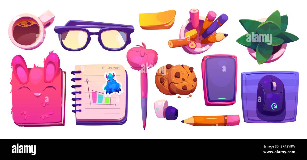 Top view student work desk education design set with isolated cute fluffy notebook, phone, glasses, mouse and pencil. Workspace table interior elements collection for creative digital home learning Stock Vector