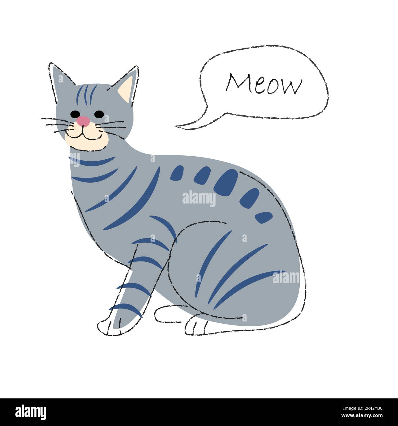 Gray tabby cat . Cute cartoon characters . Flat shape and line stroke design . Vector illustration . Stock Vector