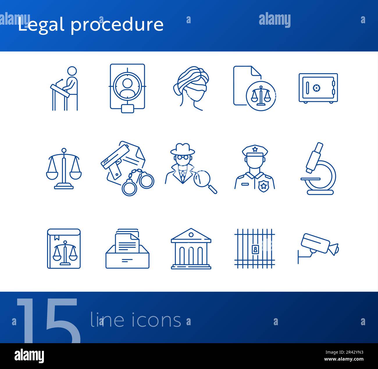 Legal procedure line icon set Stock Vector