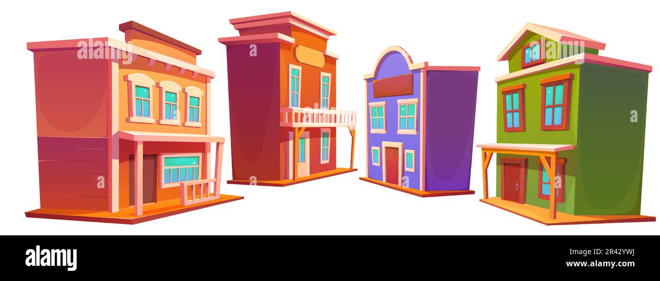 Wild west retro building street in old town cartoon vector set. Western saloon and bank house on white background. Isolated texas rural wood hotel with window clipart illustration game scenery. Stock Vector