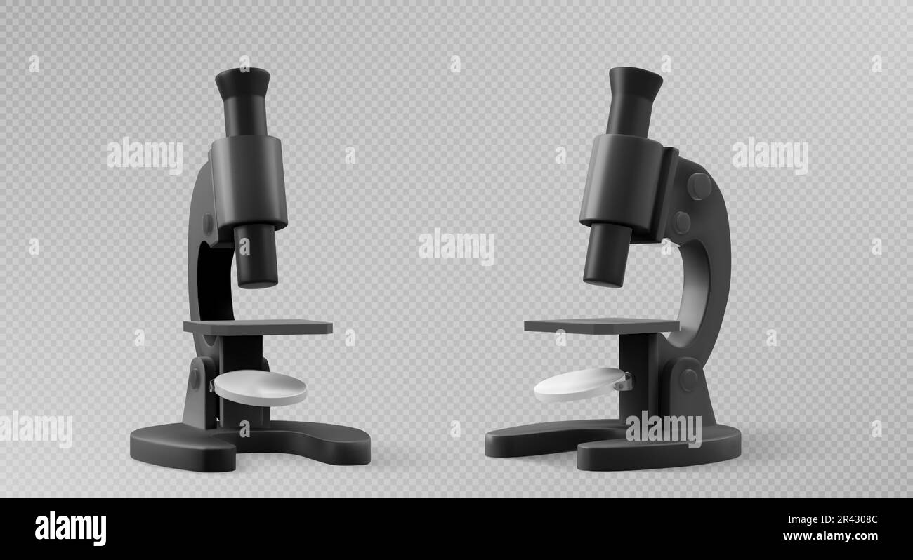 Realistic set of black lab microscopes isolated on transparent background. Vector illustration of scientific laboratory equipment for medical, chemistry, biology tests, sample analysis. Education tool Stock Vector