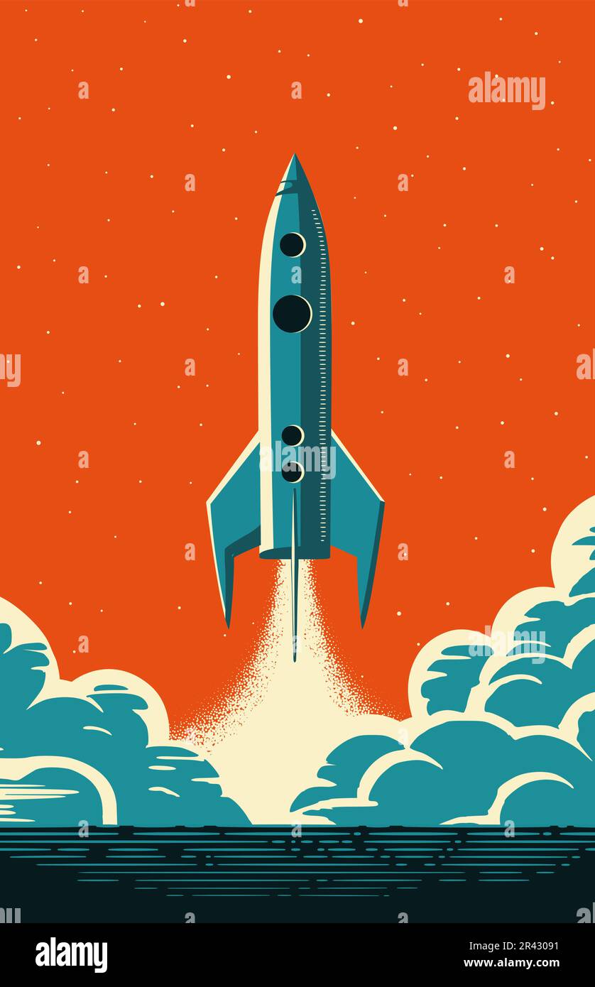Rocket launch in retro futurism style. Vintage rocket take off in nostalgis style. Stock Vector