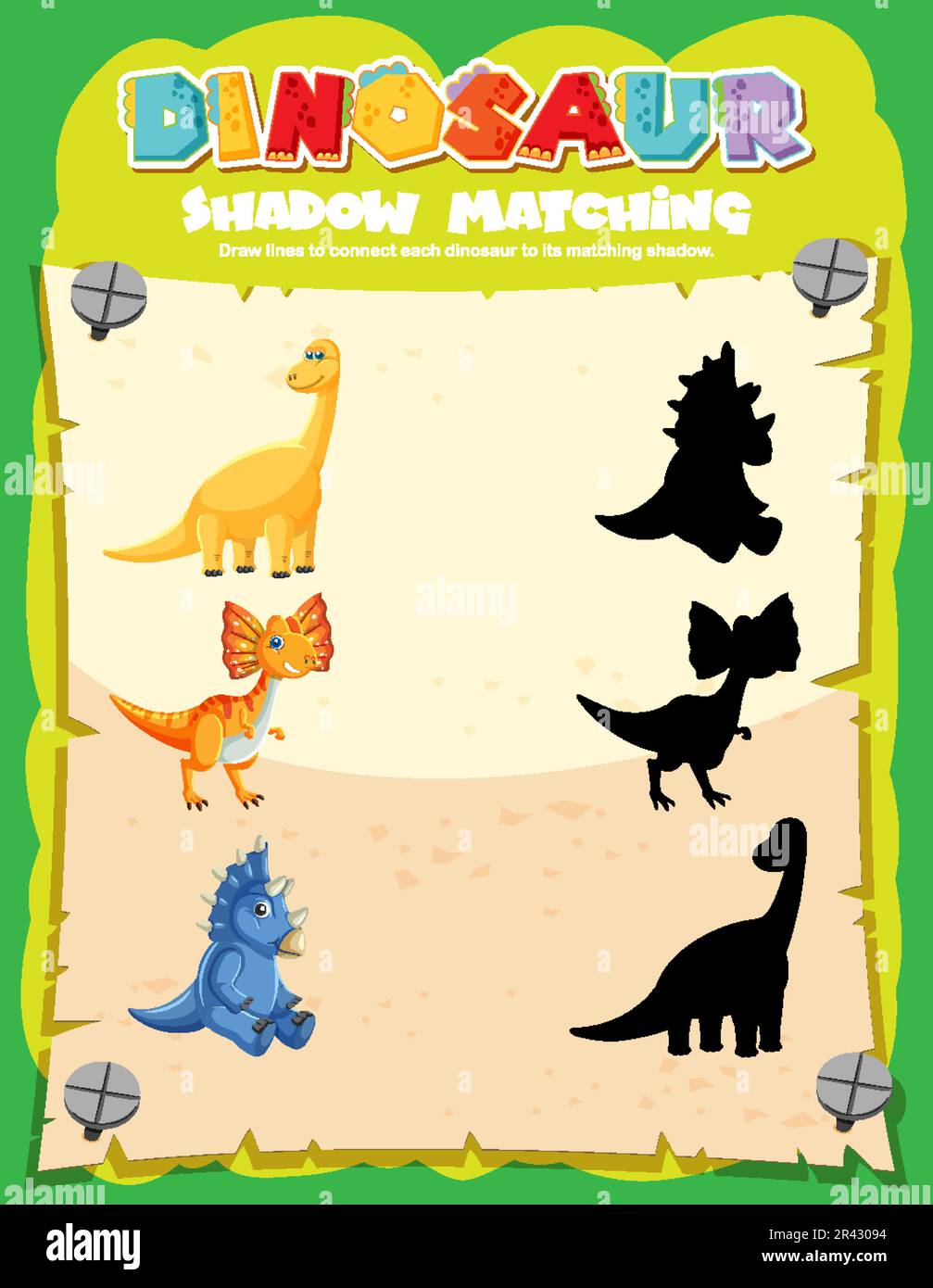 Dinosaur shadow matching game template illustration stock vector image