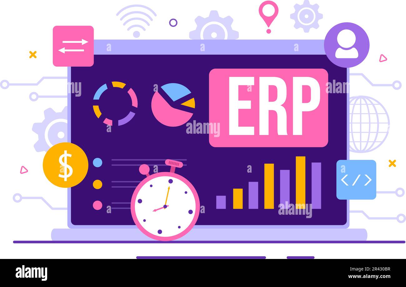 ERP Enterprise Resource Planning System Vector Illustration with Business Integration, Productivity and Company Enhancement in Hand Drawn Templates Stock Vector