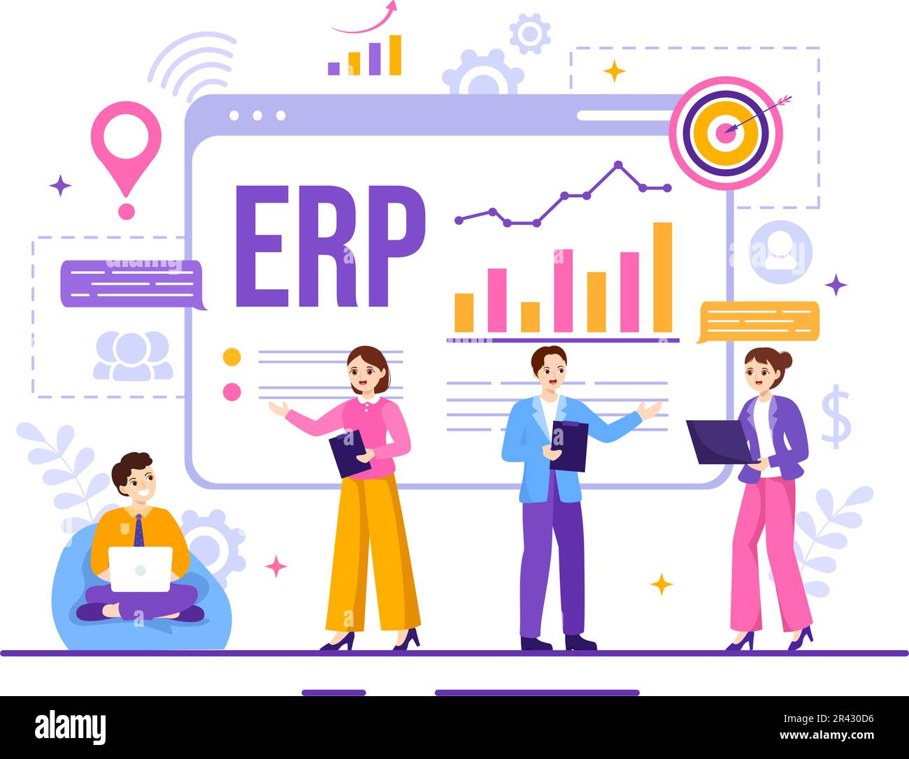 ERP Enterprise Resource Planning System Vector Illustration with Business Integration, Productivity and Company Enhancement in Hand Drawn Templates Stock Vector