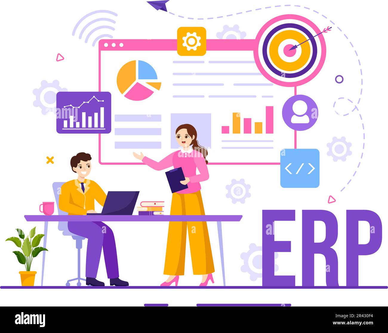 ERP Enterprise Resource Planning System Vector Illustration with Business Integration, Productivity and Company Enhancement in Hand Drawn Templates Stock Vector