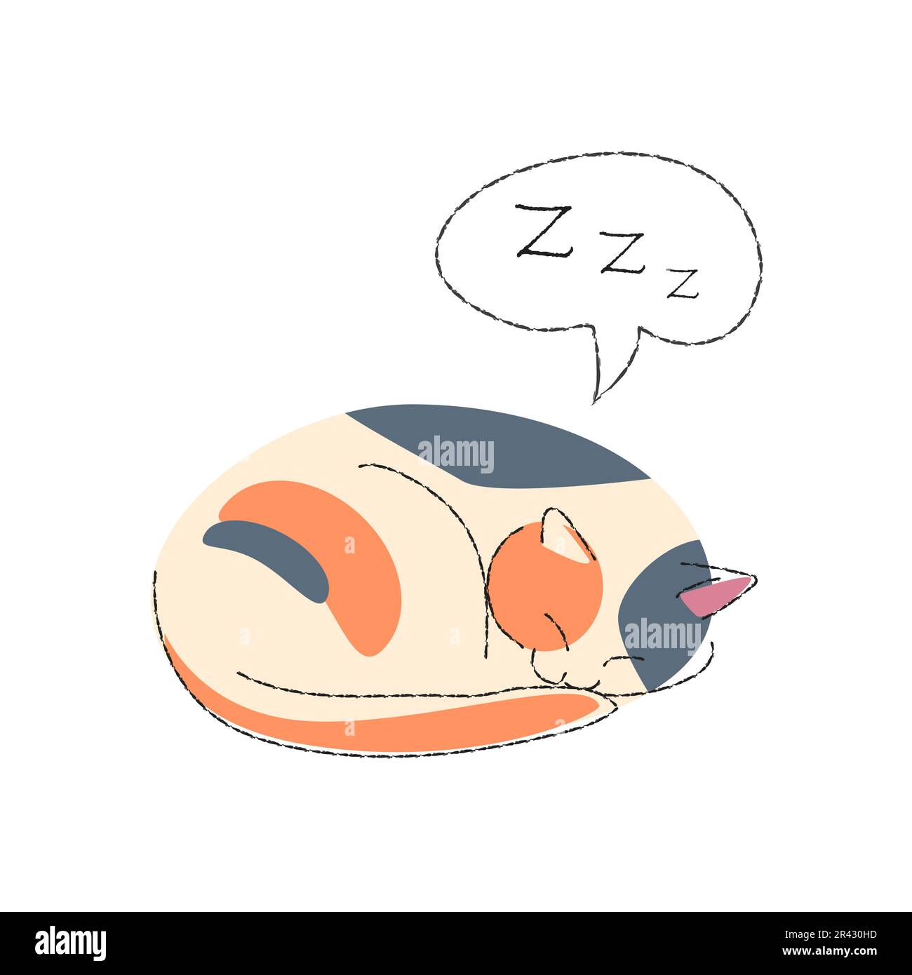 Tricolor cat is sleeping . Cute cartoon characters . Flat shape and line stroke design . Vector illustration . Stock Vector
